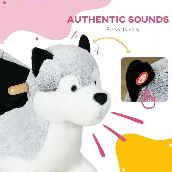 Grey plush husky rocking horse head with ear sound-press area details