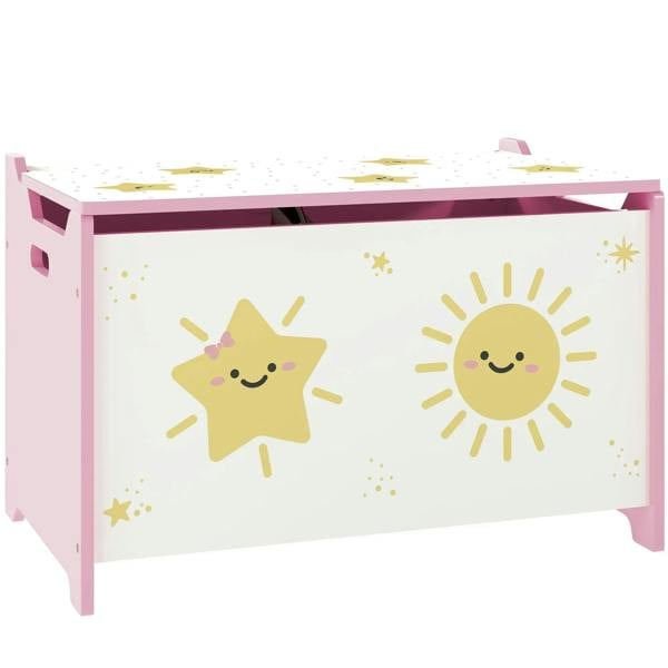 Pink toy storage box with hinged lid; front has star and sun face decals