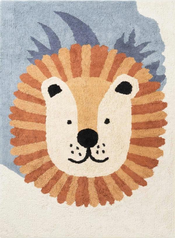 Rug with a lion face design on a blue and beige background