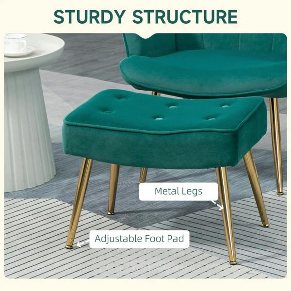Green velvet matching footstool with tufted top and gold metal legs