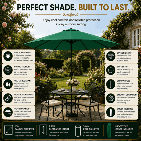 GlamHaus Garden Parasol Table Umbrella 2.7M with Crank Handle, UV40 Protection, Includes Protection Cover, Robust Steel - Green