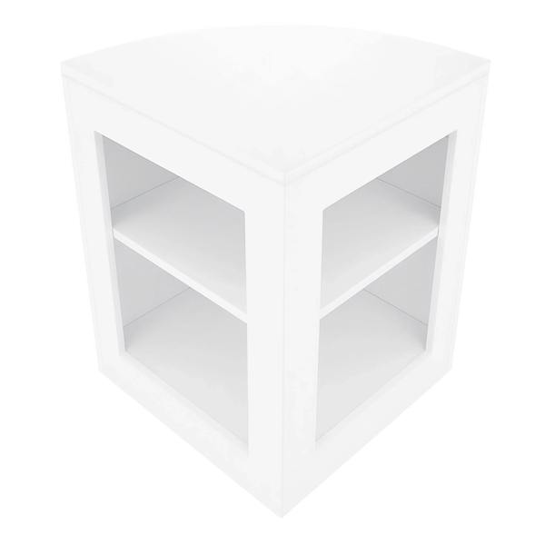 White LED shop counter set featuring a sleek, modern design with a triangular shape and two open shelves for display storage