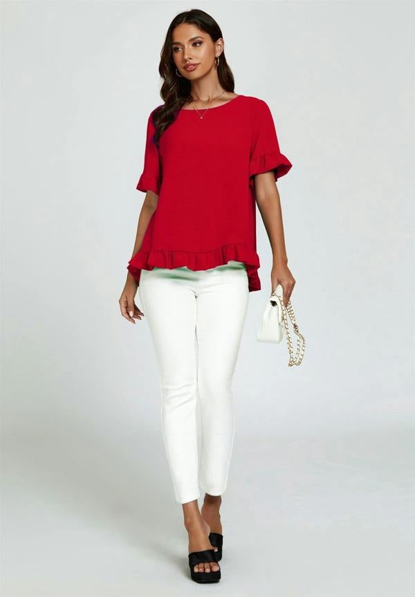 FS Collection Frill Detail Short Sleeves Top In Red