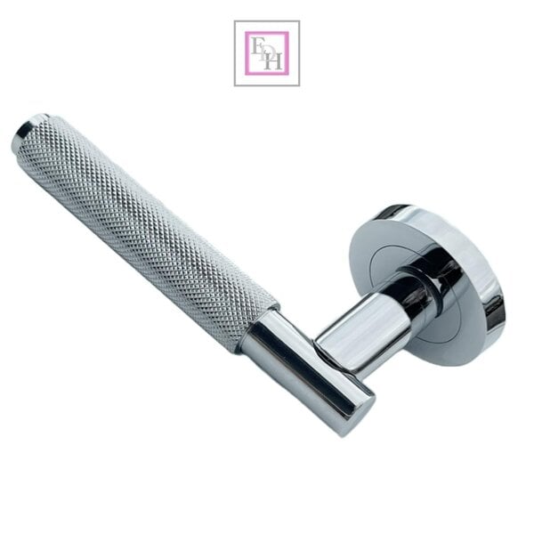 EDH Door Hardware Polished Chrome Knurled Door Handles on Round Rose – Modern Internal Lever Latch Handles