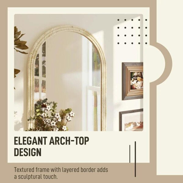 Arched Wall Mirror with Grooved Edge & Hooks, Wall-Mounted Mirror, Modern Tempered Glass & Polystyrene Beige