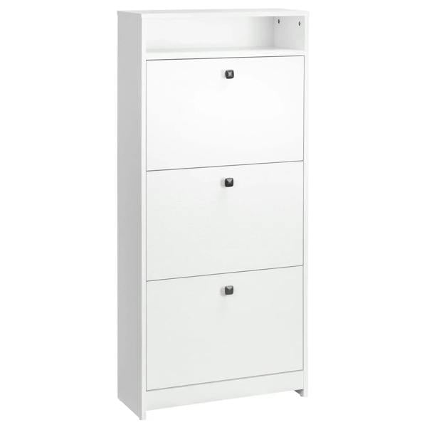 White narrow shoe cabinet with three flip doors and an open top shelf