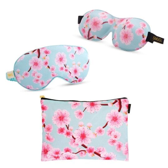 Contoured & Satin Sleep Mask Double Pack & Accessories Bag Set - Various Prints - Cherry Blossom