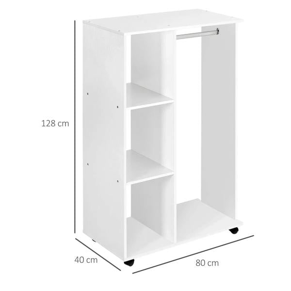 White open wardrobe on wheels with hanging section and three storage shelves