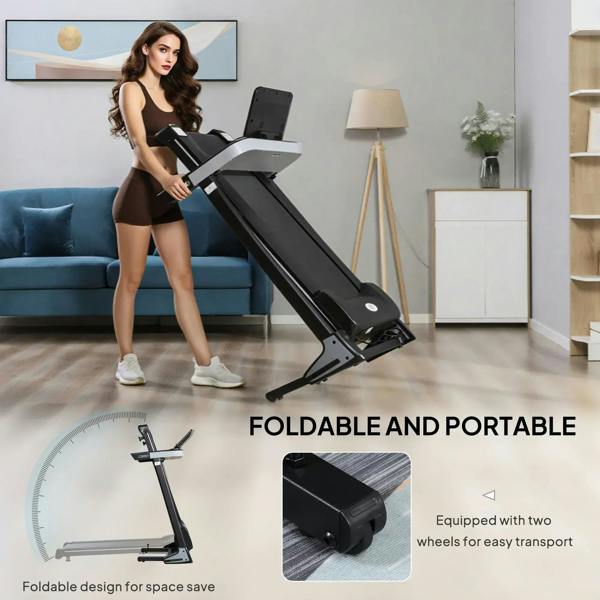 Black folding treadmill with transport wheels and angled running deck for storage
