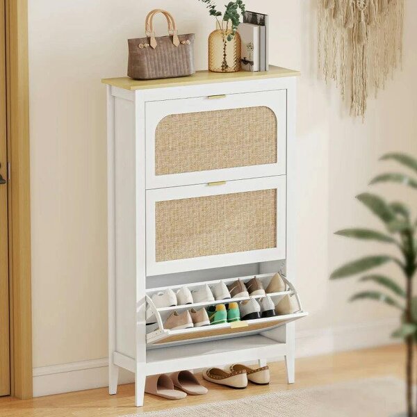 Narrow Shoe Cabinet, Boho Slim Shoe Storage Cabinet with 3 Flip Drawers, Holds 21 Pairs, White - White