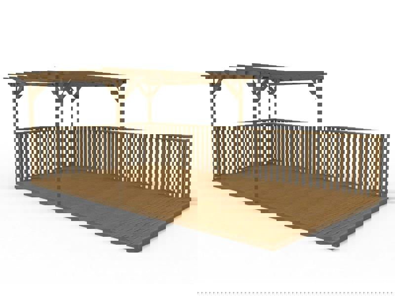 Rectangular pergola and decking kit with balustrade, made from pressure treated timber and high quality pergola posts, featuring a raised wooden deck, vertical slatted balustrade, and an open pergola roof frame.
