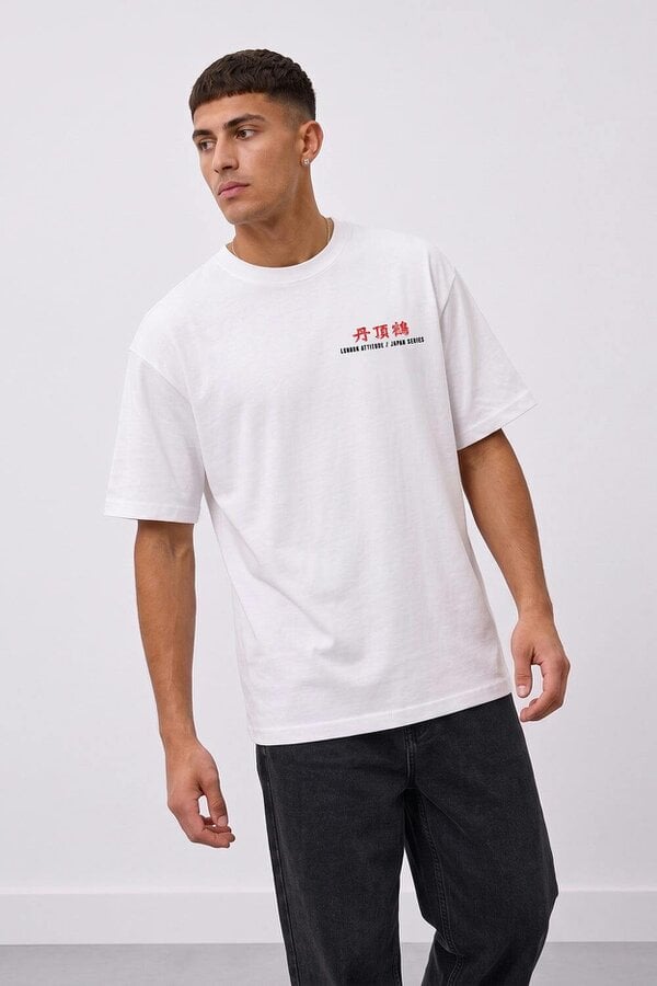 London Attitude Japanese Crane Oversized Heavyweight Graphic T-Shirt in White