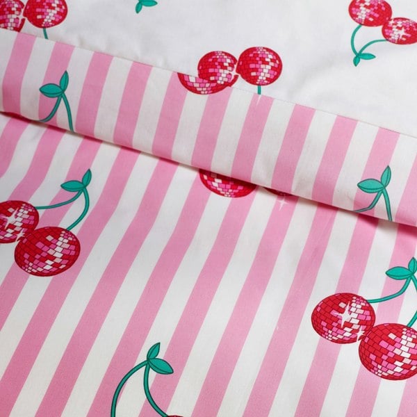 Catherine Lansfield Disco Cherries Stripes Reversible Duvet Cover Set Pink