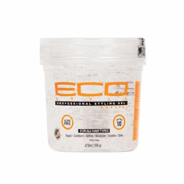 Eco Styler Krystal Styling Gel 16oz packaging, alcohol-free, suitable for all hair types, provides hold and shine.