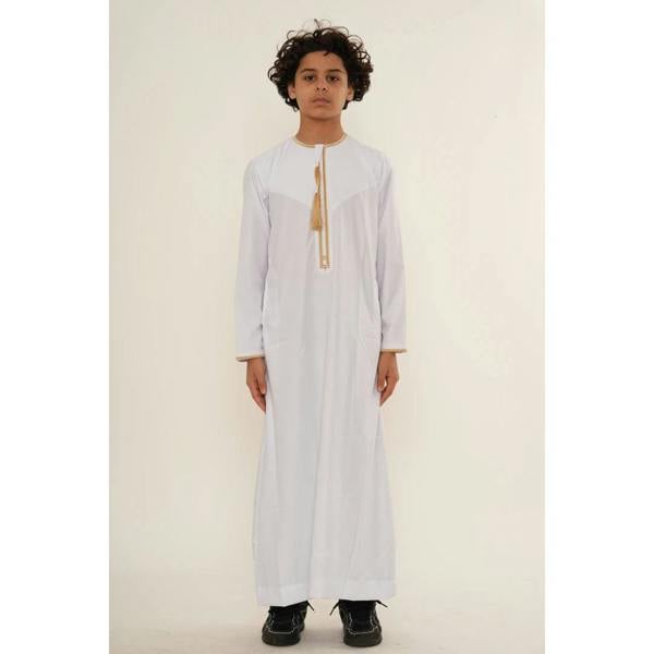 TT-003 - Boy's Emirati Omani Gold Tassel Embroidery Thobe - White - Thobez - 4