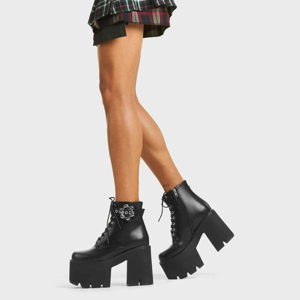 Lamoda Dreamer Black PU Chunky Platform Ankle Boots Goth Vegan Block Heel