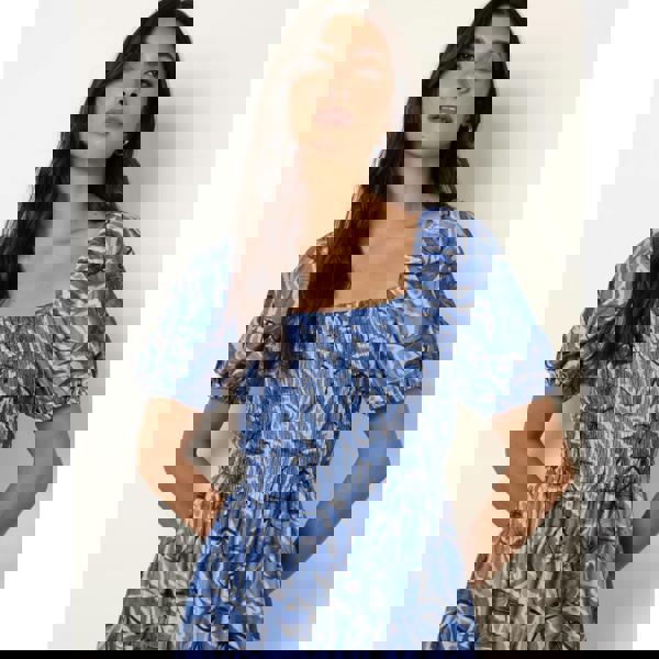 Blue Vanilla Large Floral Printed Square Neck Puff Sleeve Dress