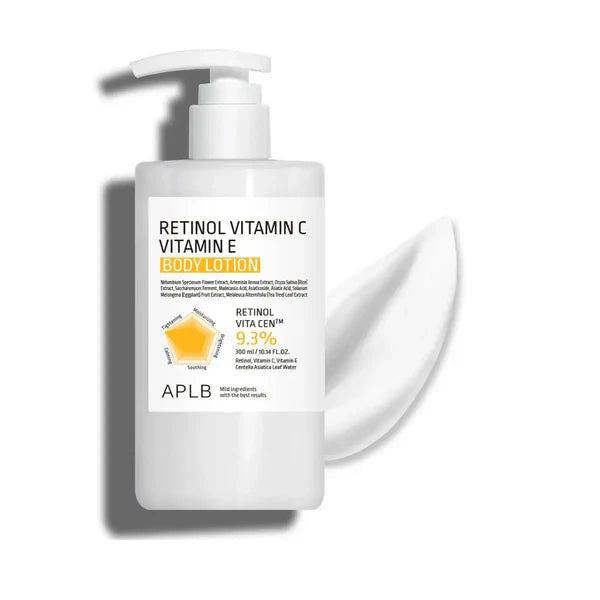 APLB Retinol Vitamin C Vitamin E Body Lotion 300ml pump bottle – Retinol, L-Ascorbic Acid, and Tocopherol Korean body care available at Atelier De Glow UK