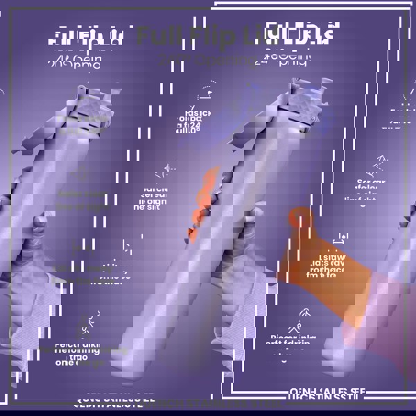 A lavender stainless steel water bottle is held, its flip lid open at a 240° angle. The design promotes a clear line of sight and keeps the lid away from the face, ideal for on-the-go use. "Full Flip Lid, 240° Opening," and "QUENCH STAINLESS STEEL" are also visible.