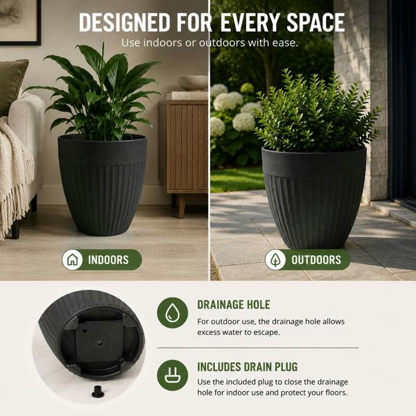Nicoman Madison Black Ribbed Recycled Rubber Plant Pot