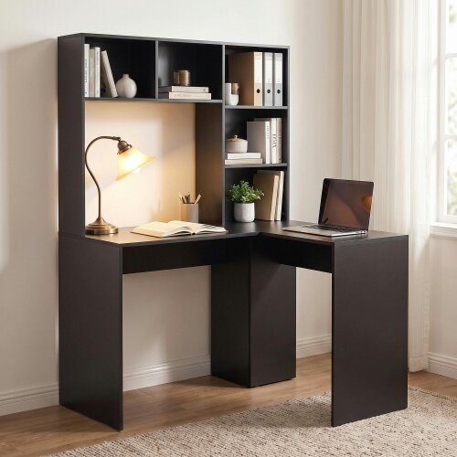 HOMCOM L Shaped Desk with 5 Storage Shelves Corner Computer Desk, Black