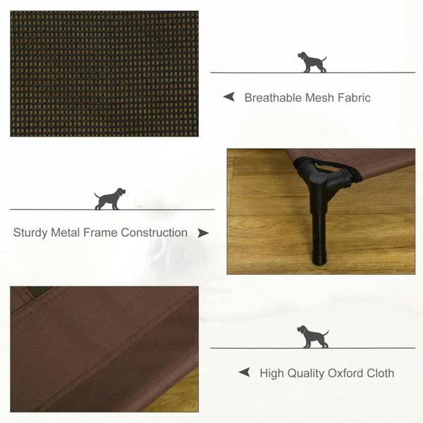 Pet cot material details: breathable mesh fabric, metal frame legs, Oxford cloth