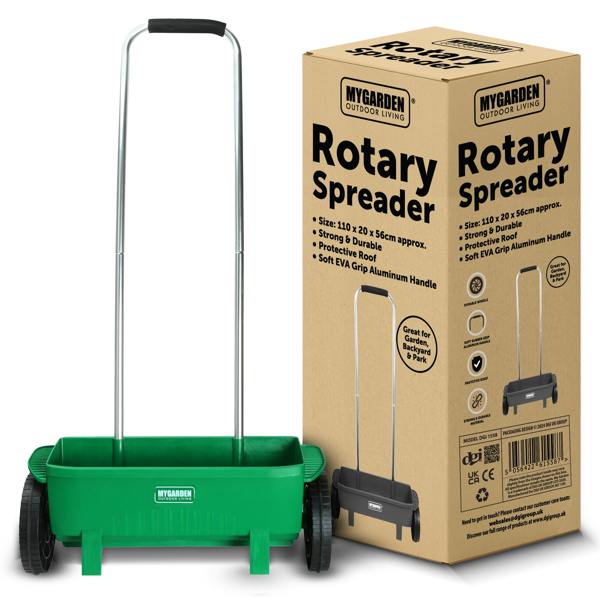 My Garden Outdoor Living My Garden Lawn Spreader 12 Litre Rotary Seed Grit Salt Spreader with Protective Roof & 110CM Long Handle Grass Spreader