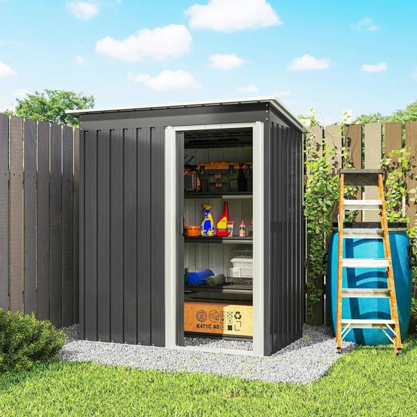 Black metal storage shed with open sliding door and visible shelves with bottles and bins.