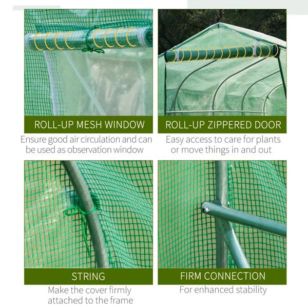 Green polytunnel greenhouse details: roll-up mesh window and zippered roll-up door