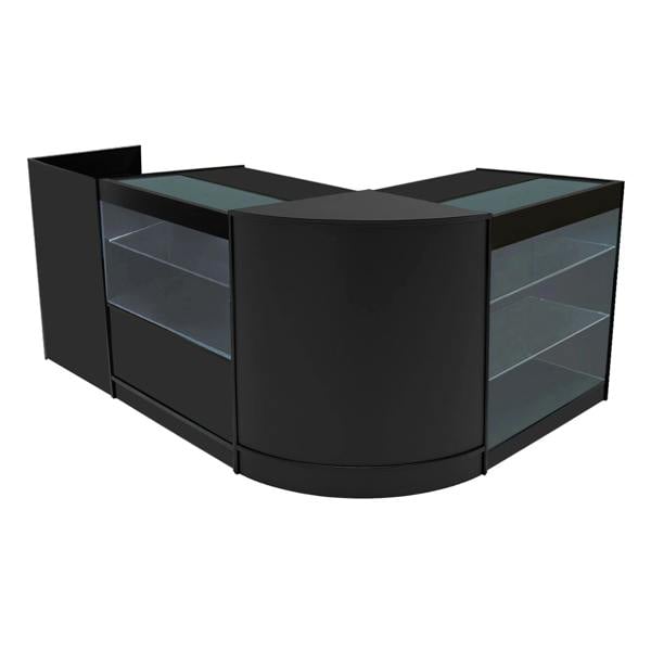 Vega LED Shop Counter Set in sleek black, featuring glass display shelves and a modern curved design for retail spaces