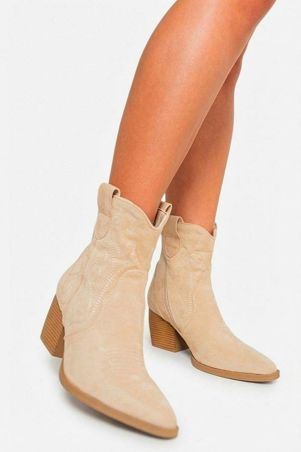 Laura Suede Cowboy Ankle Length Boots - Beige_wb