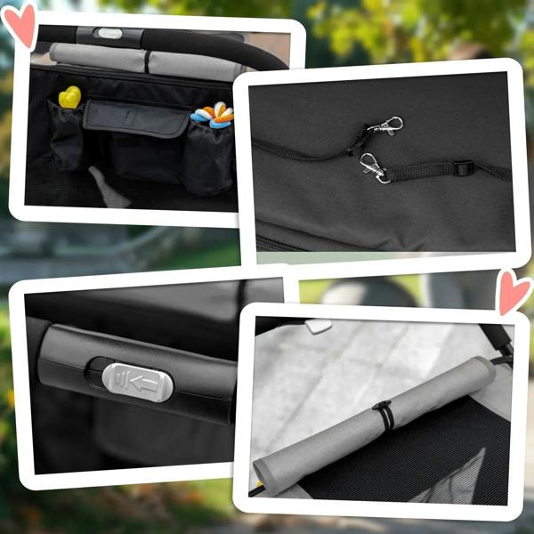 Black pet stroller accessory pouch, zipper strap details, and handle close-up