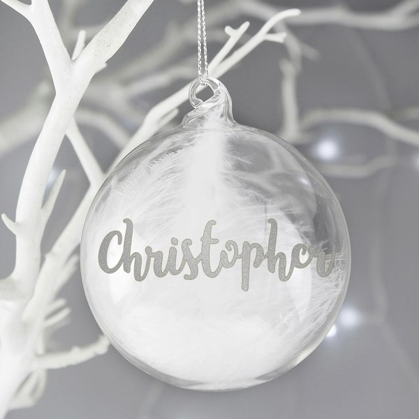 Personalised Memento Company Personalised Silver Glitter Name Only Feather Glass Bauble