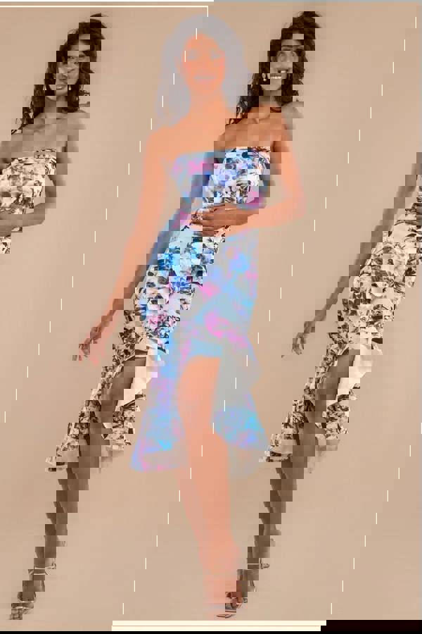 Ruffled Floral Scuba Foam Bandeau Midi Dress - Blue DR3745