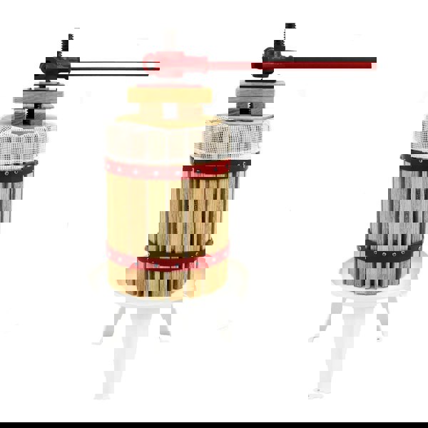 KuKoo 18 Litre Fruit Press with wooden slats, red metal accents, and a sturdy white base, ideal for juicing fruits at home