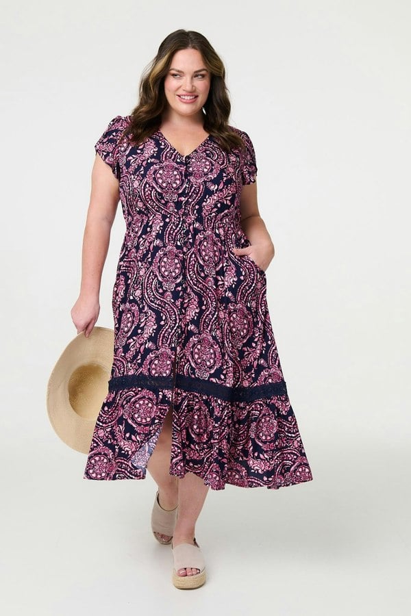 Navy | Printed Short Sleeve Lace Trim Midi Dress