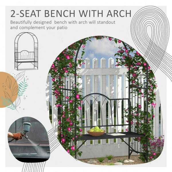 Garden Metal Arch Bench Outdoor Patio Rose Trellis Arbour Pergola for Climbing Plant Antique Style 2-Seater Chair, Black