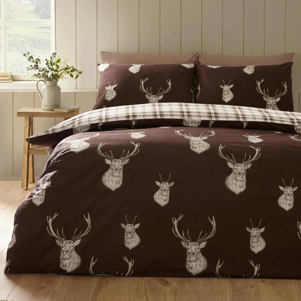 Catherine Lansfield Stag Check Reversible Duvet Cover Set Chocolate