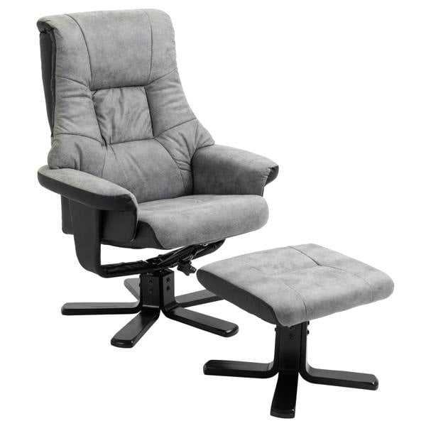 Grey fabric swivel recliner chair with matching footstool, thick armrests and black base.
