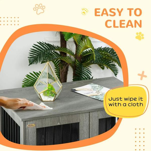Easy-clean feature graphic indicating wipeable dog crate table surface