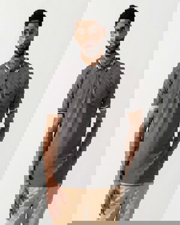 Model wearing BOSS Green Mens Paddy Cotton-Piqué Polo Shirt with Contrast Logo in Open Grey 071 - Main