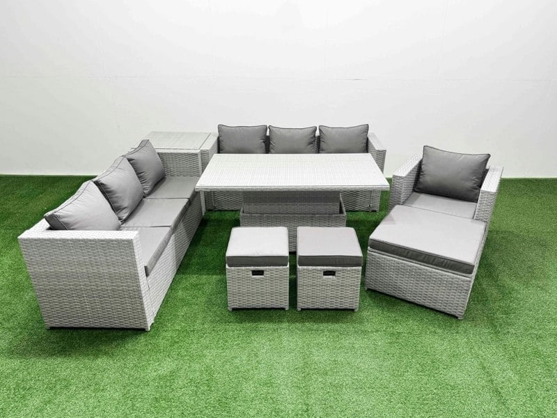 Fimous 7 PCs Rising Dining Table Set Rattan Furniture Set with 3 Seater Sofa Chair 3 Footstools Side Table Light Grey