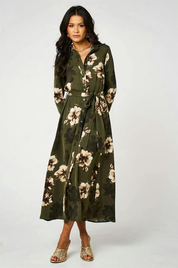 FS Collection Large Floral Long Sleeve Belted Shirt Dress In Olive Green