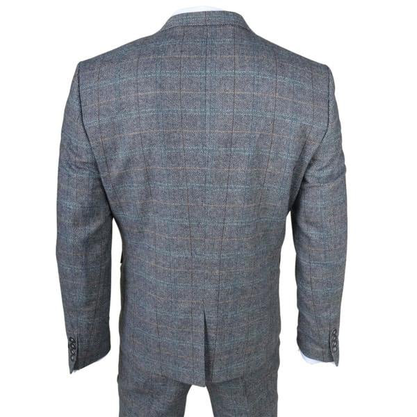 Infinity Leather Men's Light Blue Grey Check Tweed 3-Piece Suit Vintage Pattern Tailored Fit Woollen Suit