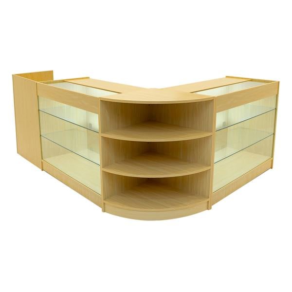 Astro LED Shop Counter Set in maple finish features glass display shelves and a modern, curved design for retail spaces