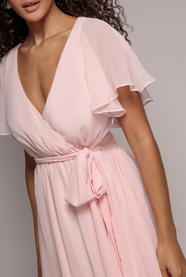 Flutter Sleeve Wrap Mini Dress With Elasticated Waist - Soft Pink DR2843