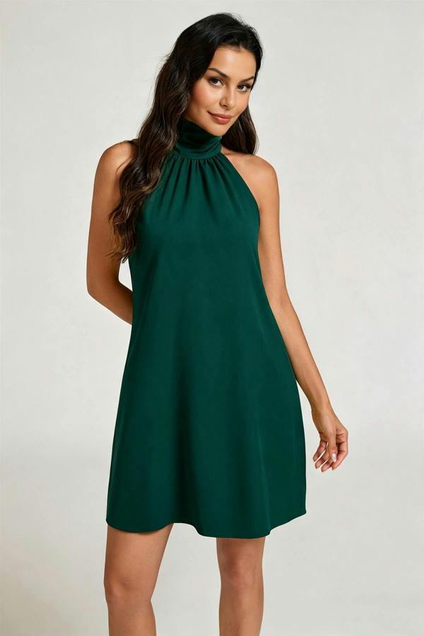 FS Collection Halter Neck Tie Back Mini Dress In Forest Green