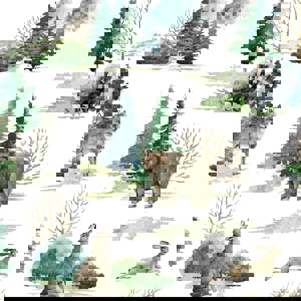 Wild forest animals children's bedroom or nursery lampshade, featuring brown bears, wolves, hares and fir and poplar trees. Big Little Bedrooms.