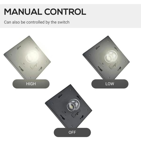 Black solar lamp manual control switch with high, low, and off settings