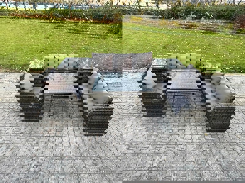 Fimous 6 Seater Outdoor Rattan Garden Furniture Set Patio Lounge Sofa Set with Dining Table 2 Side Tables Dark Grey Mixed